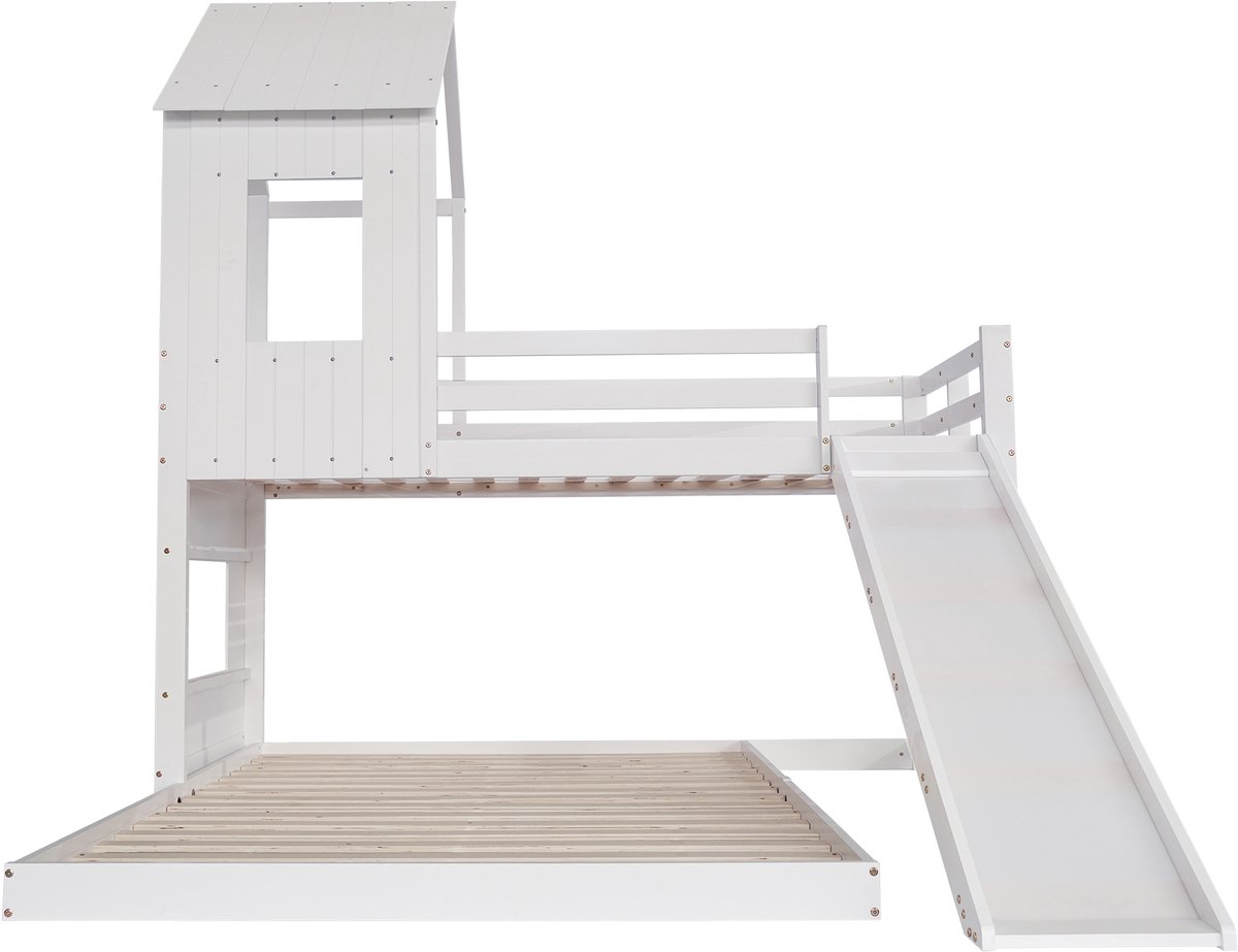 REDOM Etagenbed 140x200 & 90x200 cm – Wit – Met glijbaan & huisbed – Kiefer & MDF – FSC-hout