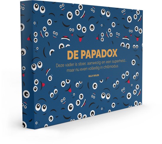 Kartonnen geschenkdoos met een blauwe achtergrond vol met vrolijke, gekke gezichten. Tekst 'DE PAPADOX'.