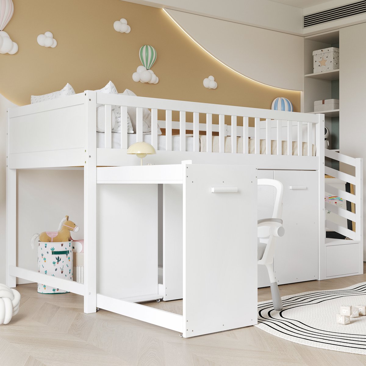 Wishdor Stapelbed 90x200 cm - Opbergladetrap & Uitschuifbaar Bureau - Kledingkasten - Wit Hout - Compleet & Flexibel