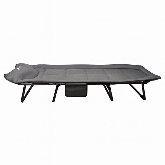 Eurocatch Opvouwbare Camping Stretcher - Verstelbaar Veldbed met 5-Standen Rugleuning, 4 Stevige Beugels, Zijvak, Gevuld Hoofdkussen - Compact & Comfortabel - 195×65×27 cm