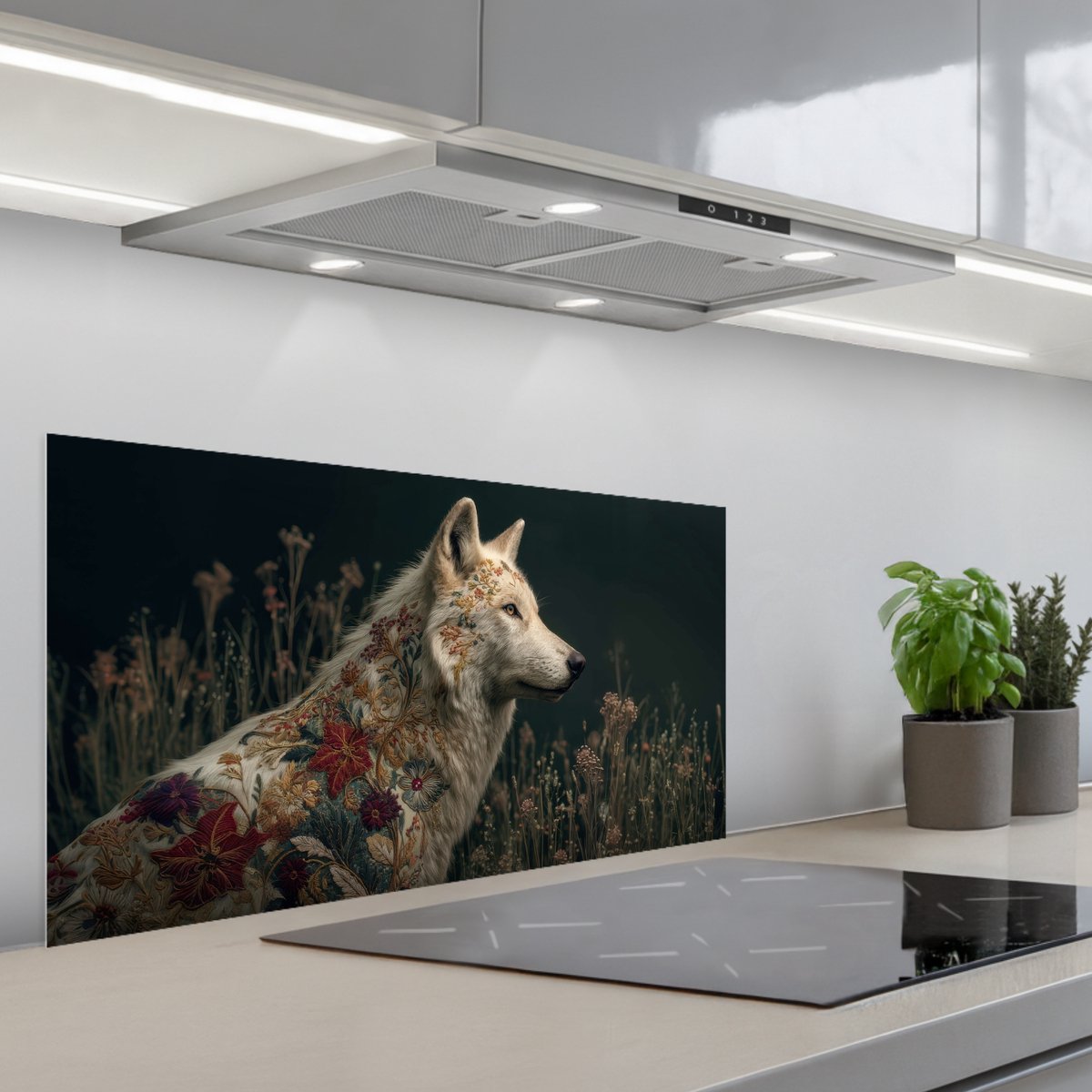 Spatscherm 80x40 cm - Zelfklevende achterwand Wolf - Bloemen - Natuur - Keuken muurbeschermer - Spatwand fornuis