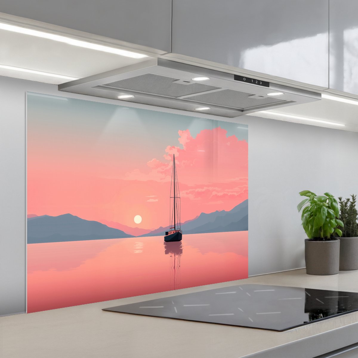 Spatscherm 80x60 cm - Zelfklevende achterwand Zeilboot - Roze zee - Zonsondergang - Bergen - Keuken muurbeschermer - Spatwand fornuis