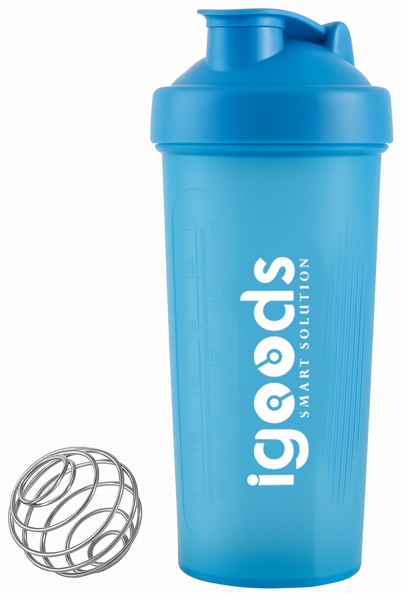 Igoods Shakebeker – Met RVS Mixerbal – BPA-vrij & Lekvrij – Shaker voor Proteïne Shakes, Smoothies & Sportvoeding – Fitness Shake Cup – 600ml – Blauw