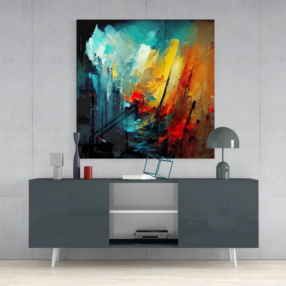 Insigne Art Glasschilderij Vierkant - Abstract - Morden - Woonkamer - Slaapkamer - Kleurrijk - 100x100 cm