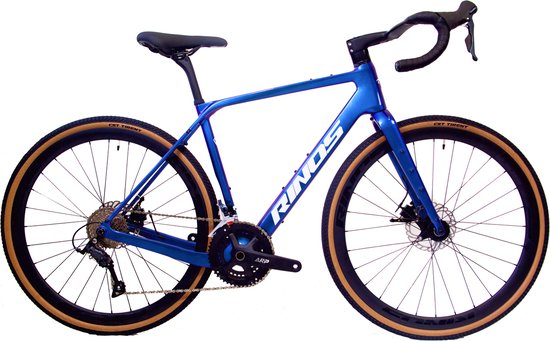 Blauwe Rinos gravelbike met witte "RINOS" opdruk, staand op een witte achtergrond.