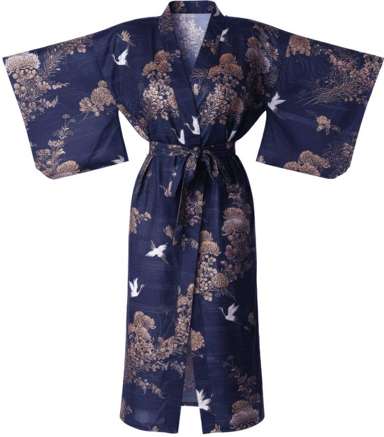 Foto: Ta hwa japanse kimono dames yukata donkerblauw met kraanvogels one size