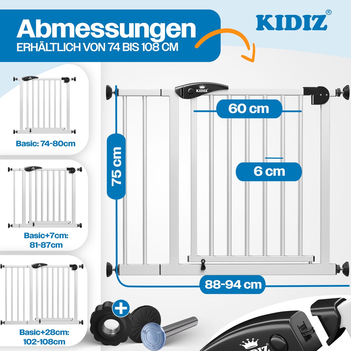 KIDIZ® Traphekje 88-94 cm Uitbreidbaar met Verlengstuk - Kinderhekje zonder boren Veiligheidshekje voor Kinderen en Baby - Wit / Zwart