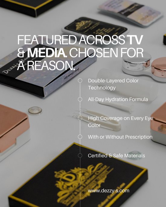 Productdoosjes met de Dezzy's logo en tekst 'FEATURED ACROSS TV & MEDIA CHOSEN FOR A REASON'. Naast de doosjes liggen contactlenzen en accessoires.