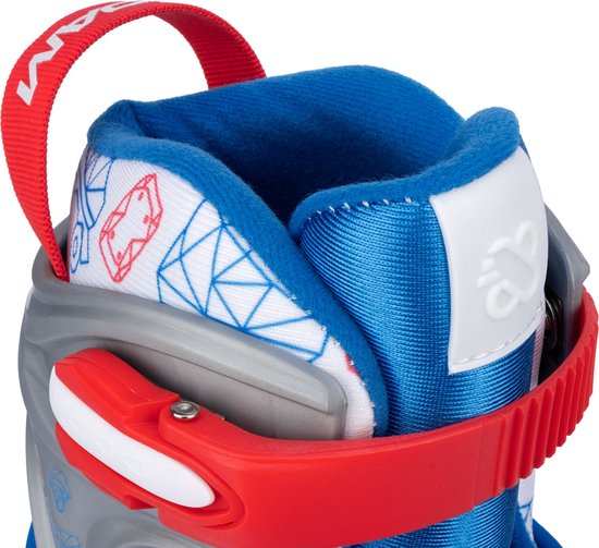 Sluiting van blauwe rolschaats met rode band en witte binnenvoering met geometrisch patroon.