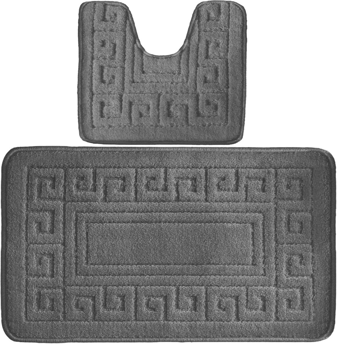 Badmatset 2-delig wasbaar 50 x 80 cm - Grieks patroon toiletmatten in grijs, zacht en sneldrogend met antislip achterkant