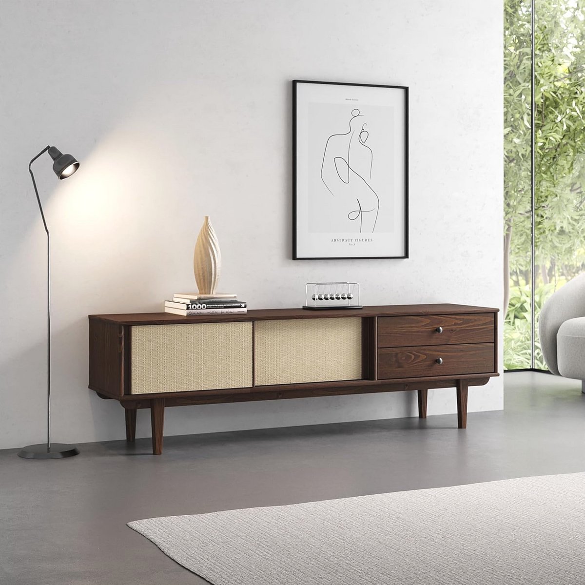 TV-kast van massief hout, 175 cm, voor schermen tot 75 inch, vintage Scandinavische stijl, met 2 schuifdeuren en 2 laden