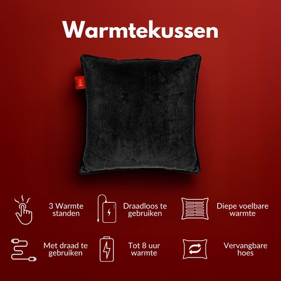 Een zwart fluwelen verwarmingskussen met icoontjes voor 3 warmtestanden, draadloos, bedraad, tot 8 uur warmte en afneembare hoes.
