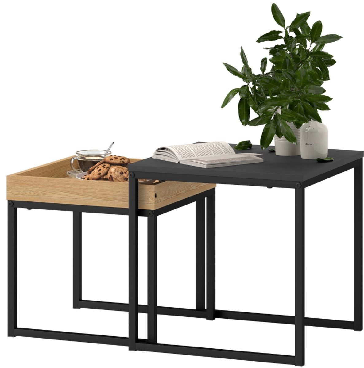 Wishdor Industriële Salontafel Set van 2 - Inschuifbare Bijzettafels met Afneembaar Dienblad - Metaal & Hout - Zwart / Eiken
