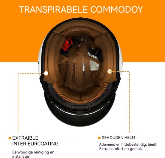 Zijaanzicht van een witte retro motorhelm met bruine, uitneembare voering.