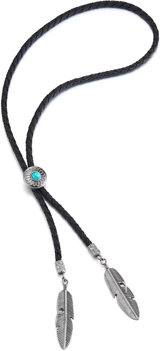 Provento - Turquoise Bolo Tie stropdas met veer hanger voor heren en dames - Rodeo Lange Y halsketting - zwart leer