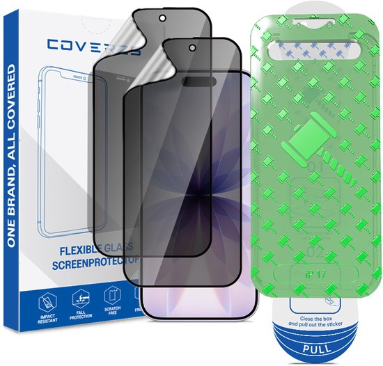 Protection d'écran Coverzs en verre PMMA flexible avec cadre (lot de 2) compatible avec iPhone 17 - Glas de confidentialité - Glas flexible - Film protecteur avec cadre de montage - Protection d'écran résistante aux rayures