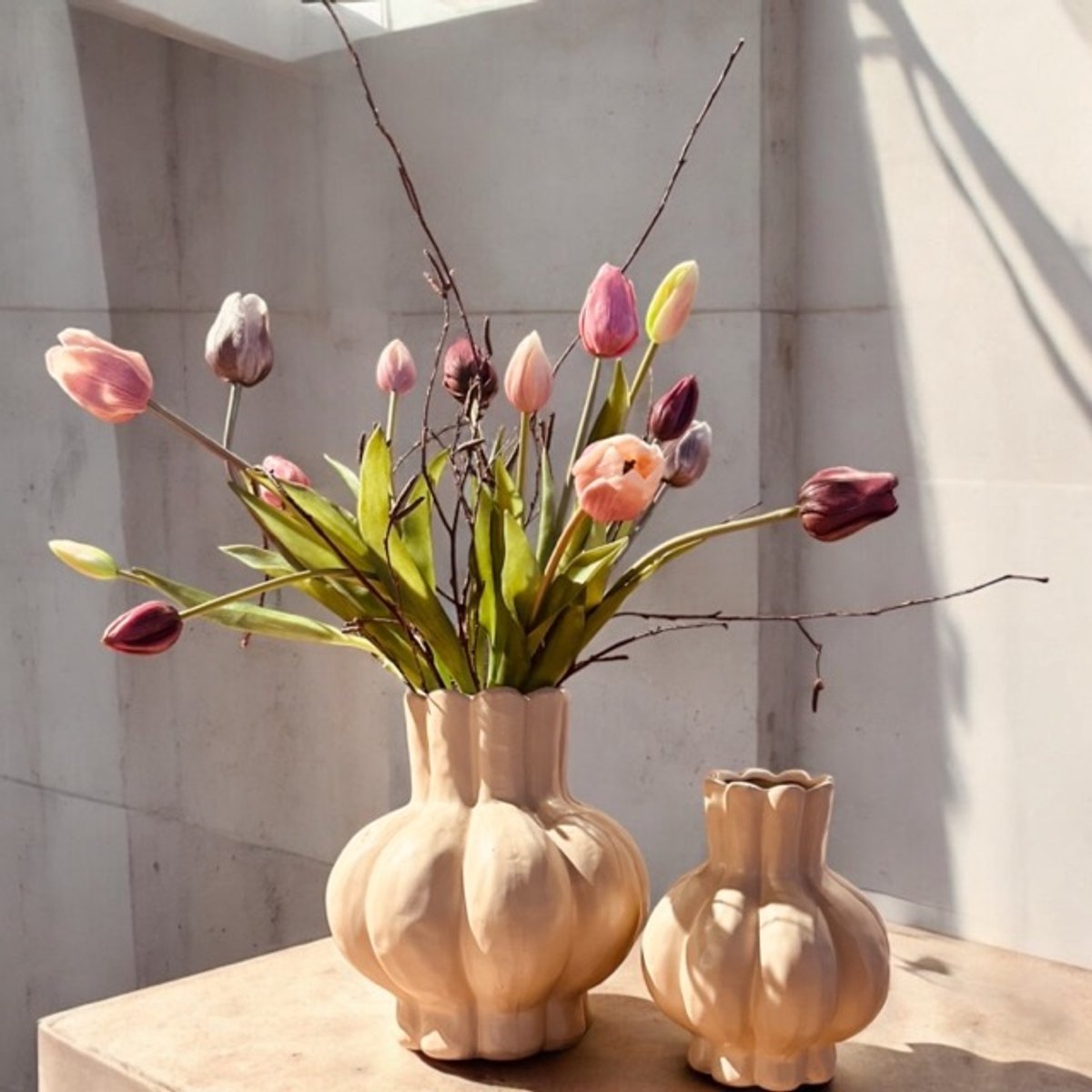 Seta Fiori Kunst tulpen - kunstbloemen - compleet in vaas - Mauve en roze zand creme, Mauve, roze