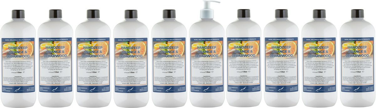Handzeep Sweet Orange & Cedarwood 1 liter - set van 10 stuks - met gratis pomp - Voordeelverpakking