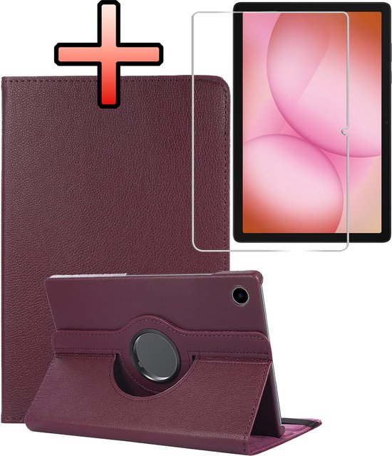 Paarse 360 graden draaibare tablethoes met screenprotector en een rode kruis-sticker.