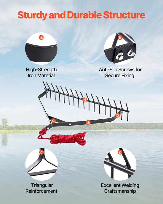 VEVOR Vijverhark 810x495x165mm Onkruidverwijderaar Dubbelzijdig 9m Touw — afbeelding 5