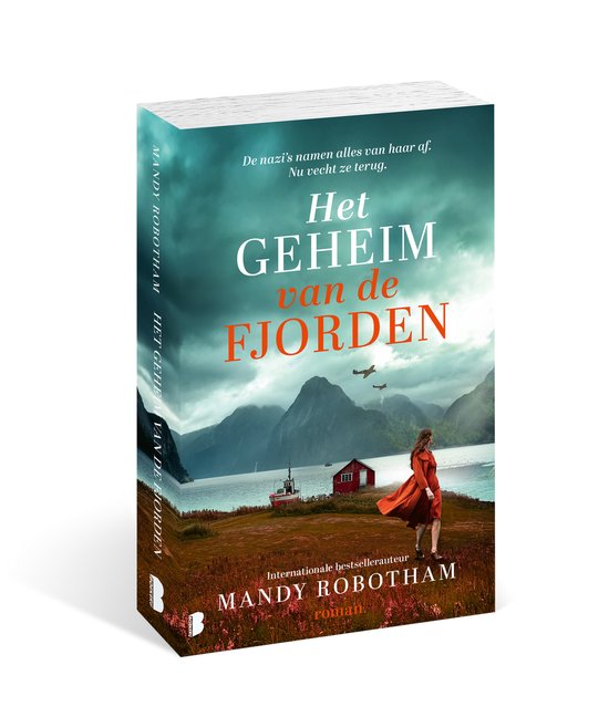 Boek "Het geheim van de fjorden" met een vrouw in rode jurk op een heuvel, fjorden en vliegtuigen.