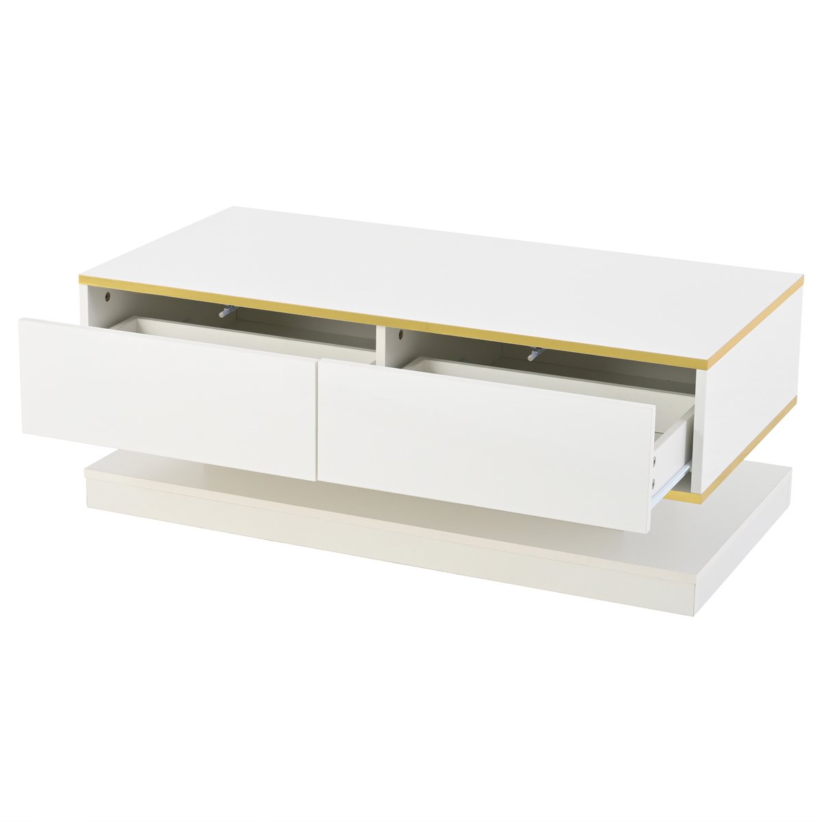 Wishdor Salontafel 100x50x38 cm Warmwit Hoogglans met Gouden Rand — Unieke Smalle Middenvorm en 2 Ruime Lades