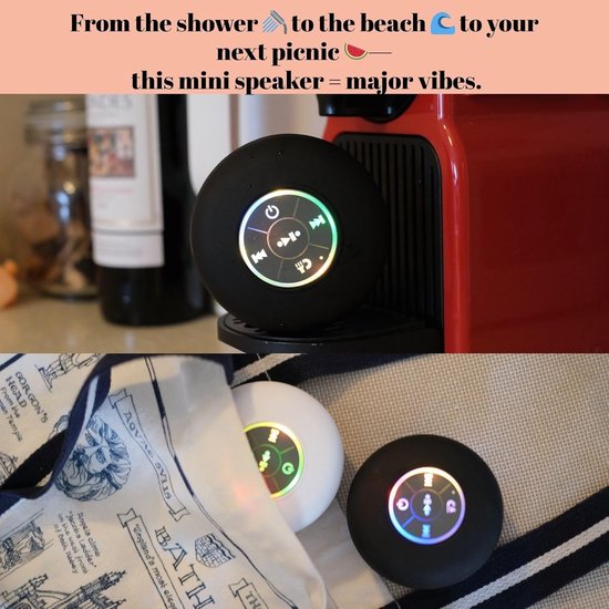 2-pack Bluetooth-doucheluidsprekers met LED - Draagbare draadloze miniluidsprekers met microfoon en zuignap, IPX4 waterdicht, Geschikt voor douche, reizen, zwembad, drijven op rivieren en buitenplezier (zwart) 4-niveau waterdicht van Merkloos — afbeelding 3