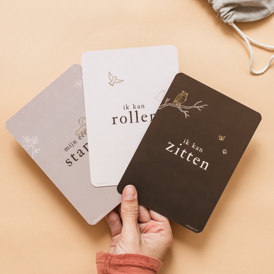 Mijlpaalkaarten Baby met Goudfolie – 20 Luxe (a6) kaarten voor eerste jaar – Unisex – Perfect als kraamcadeau - Bosdieren - Bruin en beige - Babyshower