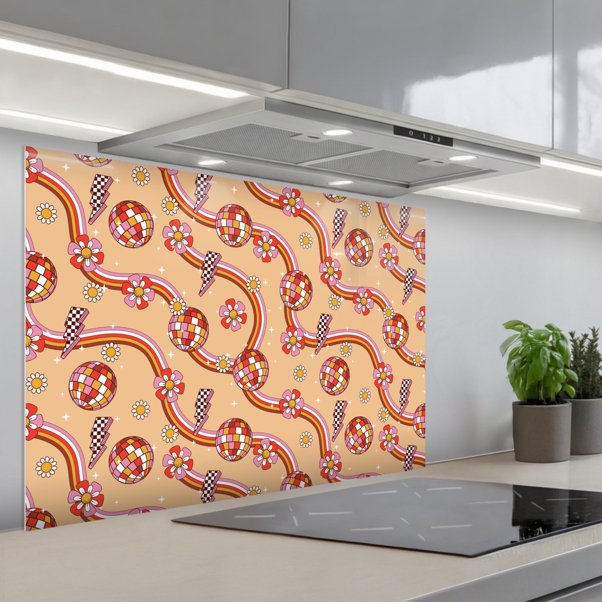 Spatscherm 90x60 cm - Zelfklevende achterwand Disco - Patroon - Lijnen - Keuken muurbeschermer - Spatwand fornuis
