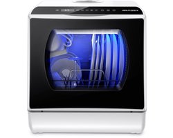 AIRMSEN Mini Vaatwasser - Met 5L Watertank - Zonder Vaste Wateraansluiting - 5+1 Programma's - 4 Couverts - Vrijstaande Afwasmachine - Wit/Zwart