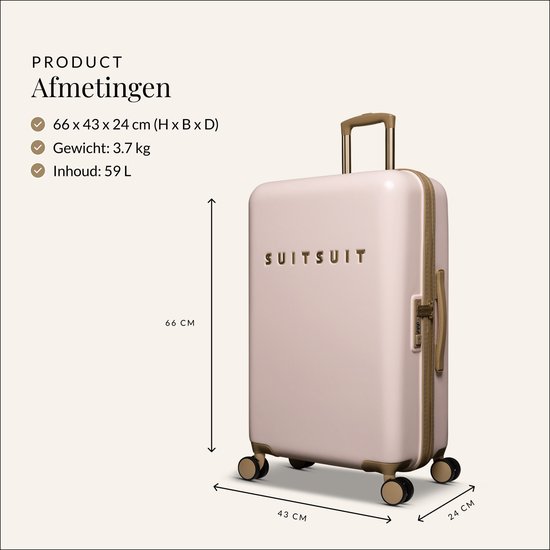 SUITSUIT Reiskoffer 66x43x24 - Reiskoffer met wielen - Lichtgewicht koffer - Veilig TSA cijferslot - 59L koffer inhoud - Fusion Reiskoffers Rose Pearl - Roze