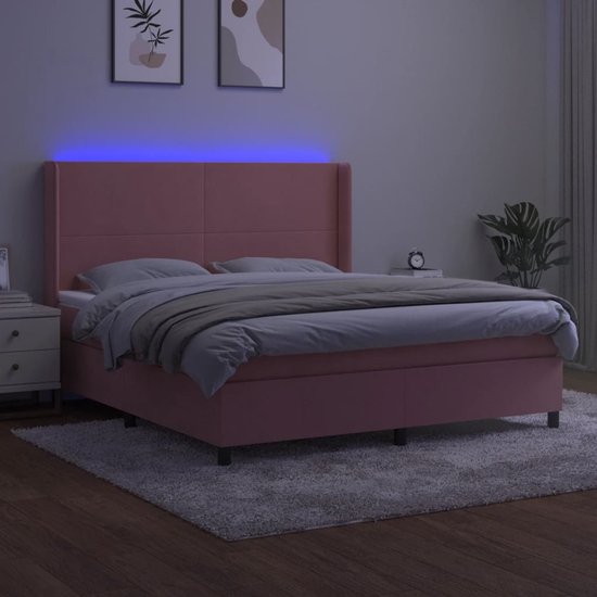 vidaXL-Boxspring-met-matras-en-LED-fluweel-roze-160x200-cm