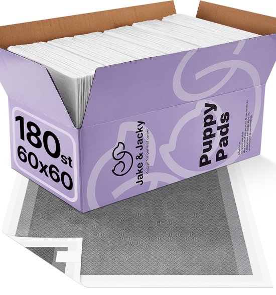 Jake and Jacky 180 Puppy Training Pads met Actieve Kool - met Plakstrip - Zindelijkheidstraining Hond - Plasmatjes hond - Hondentoilet 60 x 60 cm