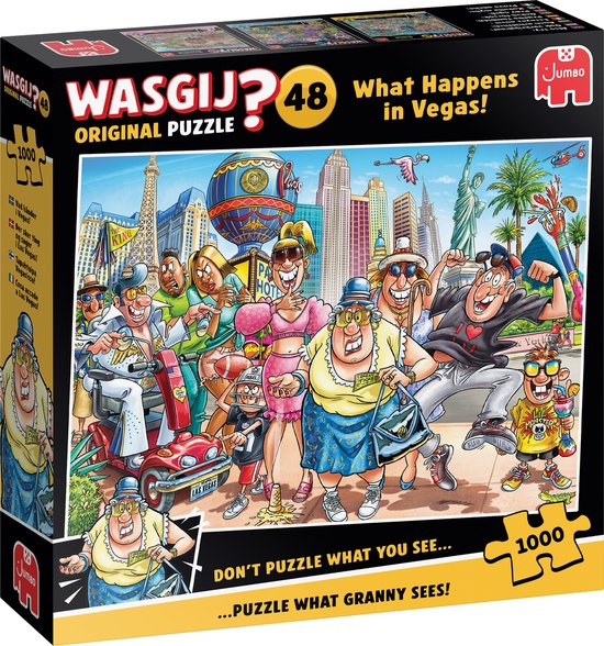 Wasgij Original 48 puzzeldoos, "What Happens in Vegas!". Cartooneske figuren in Las Vegas met de Eiffeltoren en het Vrijheidsbeeld.