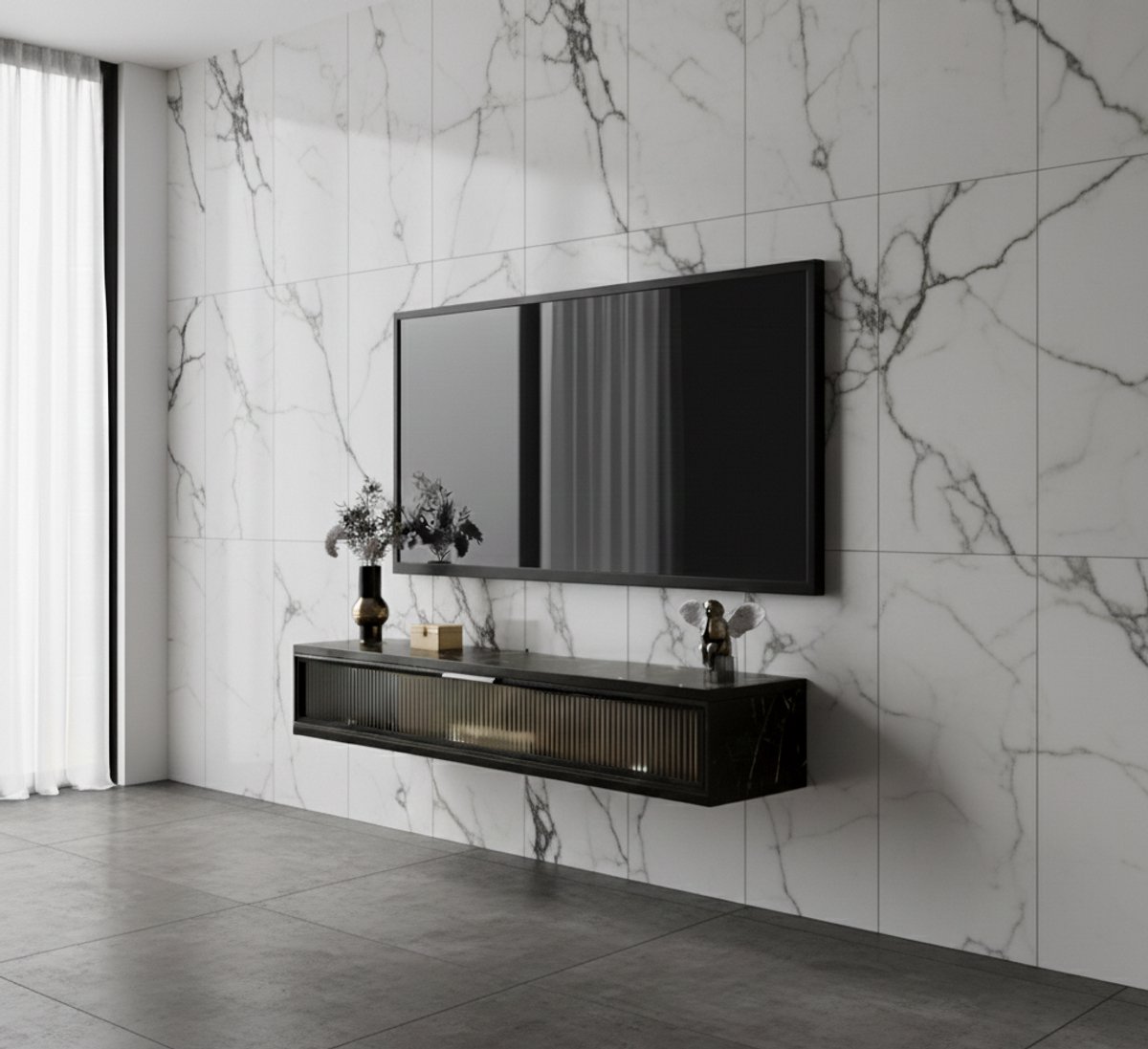 Zwevend TV Meubel Wandmontage met Glazen Deur en Opbergruimte 100 cm – Floating TV Kast voor Kleine Woonkamer, Slaapkamer en Media Room – Modern TV Dressoir – House&Garden