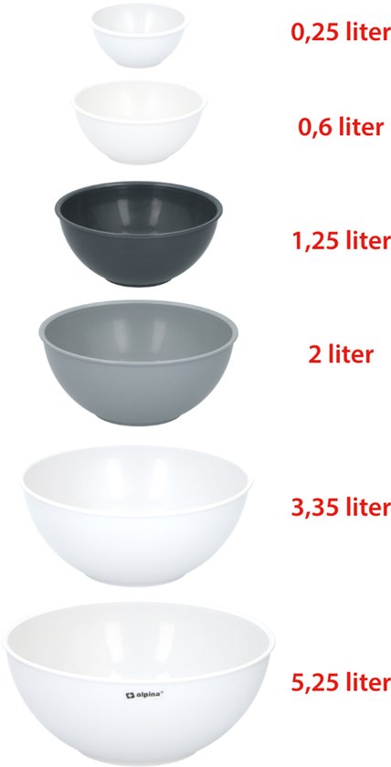 alpina Beslagkom - Mengkommen - Set van 6 Stuks - Bakspullen - Grijs