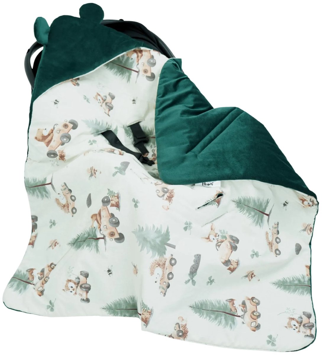 Flumi - baby wikkeldeken - voor autostoel en reiswieg - warm en comfortabel - groen met bosdieren