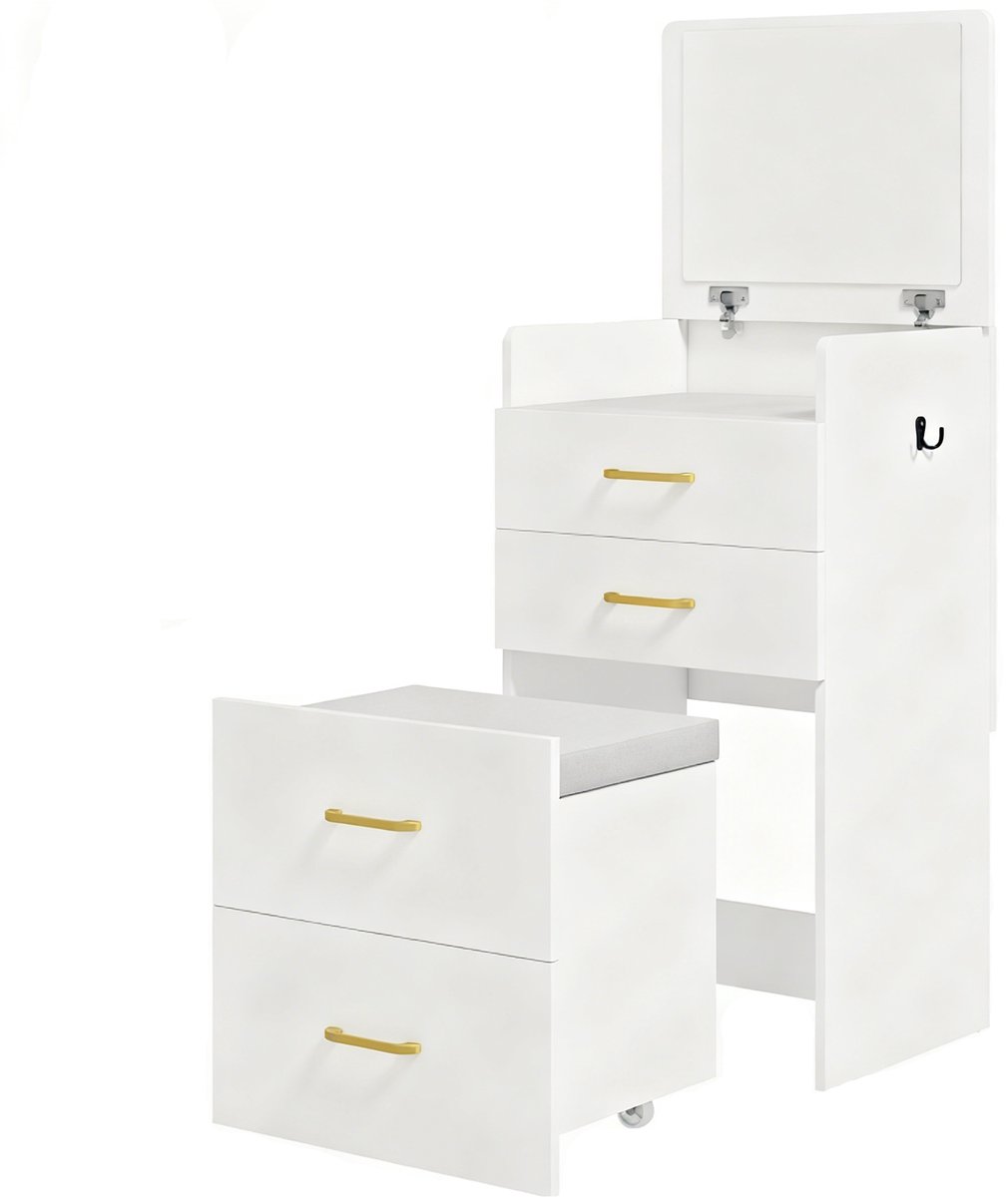 3-in-1 kaptafel met spiegel nachtkastje en rolkruk met lades wit ladekast 48 x 40 x 90 cm