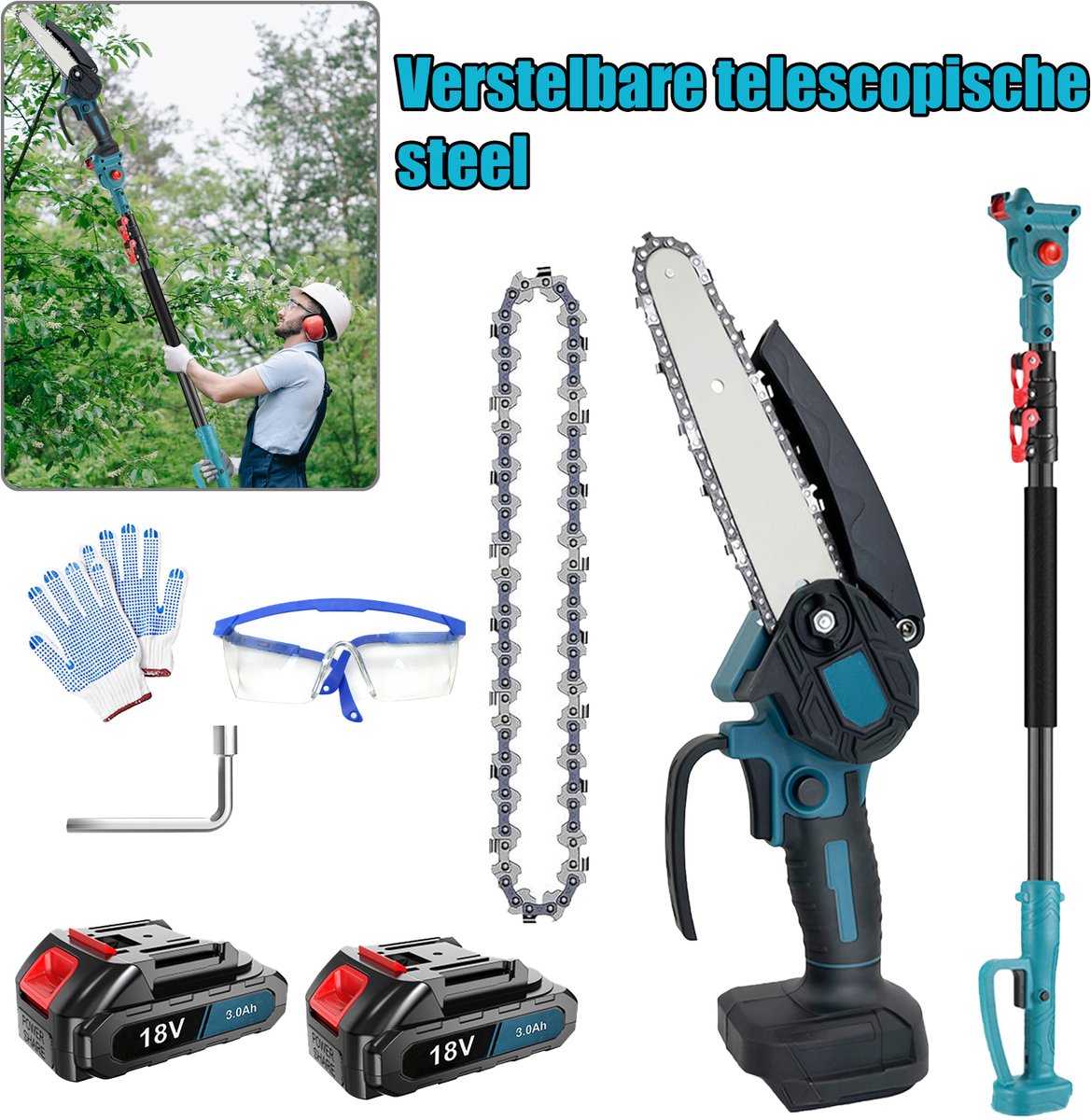 Accu-verlengstokzaag, 2-in-1 Hoogtakkenzaag & Handheld Tuinkettingzaag, Elektrische Verlengstok Kettingzaag met 2*3.0AH Accu, 2m Lange Telescopische Steel Snoeizaag, Verstelbare Kop voor Bomen Snoeien