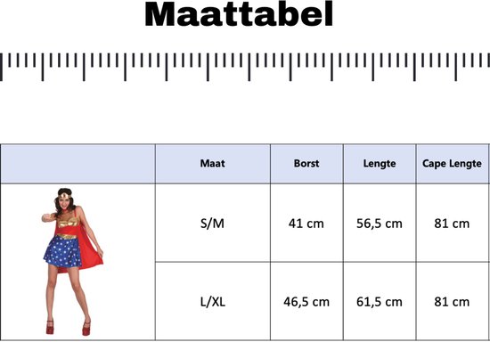 Maattabel voor een Wonder Woman kostuum: S/M en L/XL met afmetingen voor borst, lengte en capelengte.