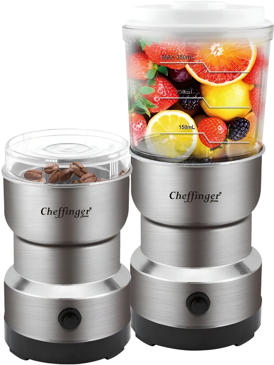 Cheffinger, Mini-Blender 300W 2-in-1 met roestvrijstalen messen en koffiemolenfunctie, Grijs
