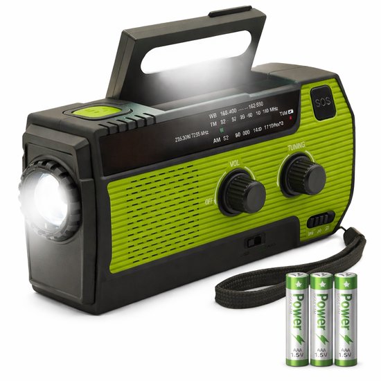 6 IN 1 SOS Noodradio - Werkt ook op Penlite Batterijen - Opwindbaar + Zonneenergie - Bouwradio - Model 2025 USB C + Nood Radio - Noodpakket Op ingebouwde Batterijen ( Accu ) - 4000 MAH - Solar - Voor Noodrantsoen - Rampen - Draagbare - FM AM - Groen