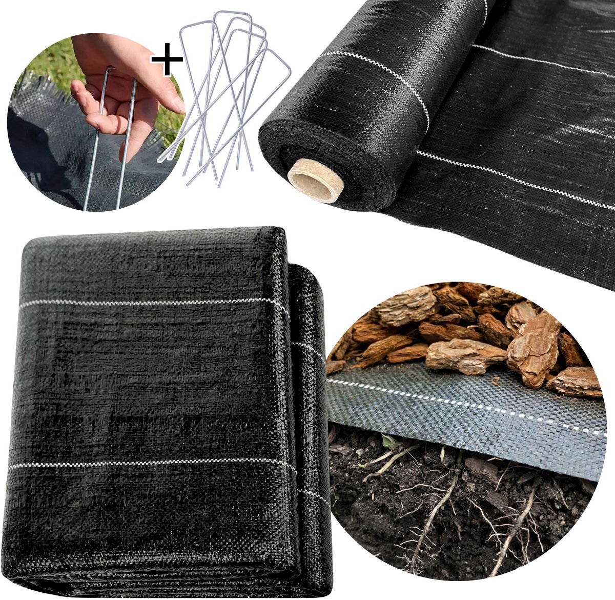 Agrotextiel, landbouwdoek, zwart UV POLEN 1,6m 90 g/m² onkruidwerend doek, dikke mat + stalen pinnen