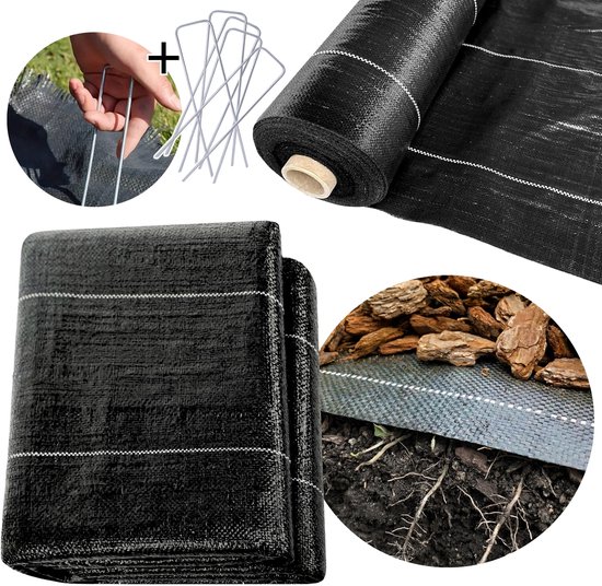 Toison de mauvaises herbes Agrotextile Zwart , Toison de jardin, Toison de paillis 1,6 m 90 g avec piquets UV + épingles en acier GRATUIT / 5 m