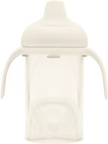 Crème kleurige tuitbeker met witte dop en handvatten.