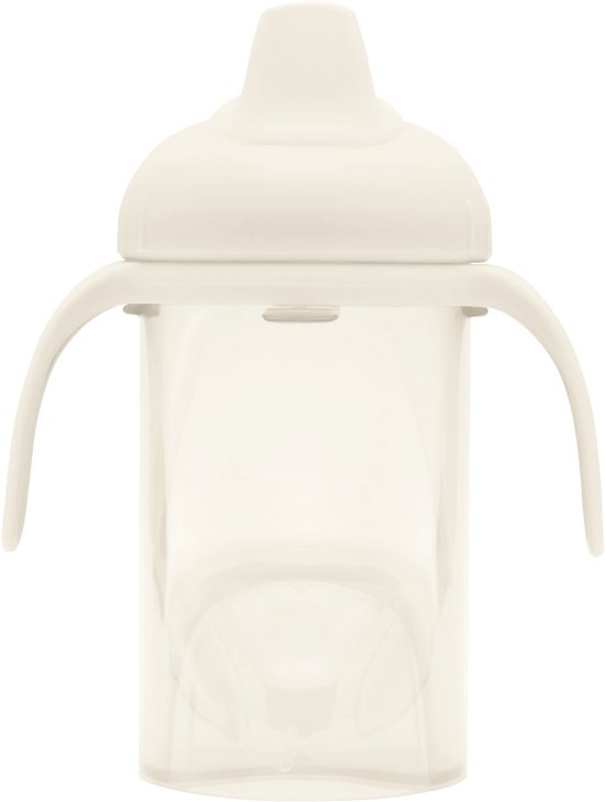 Crème kleurige tuitbeker met witte dop en handvatten.