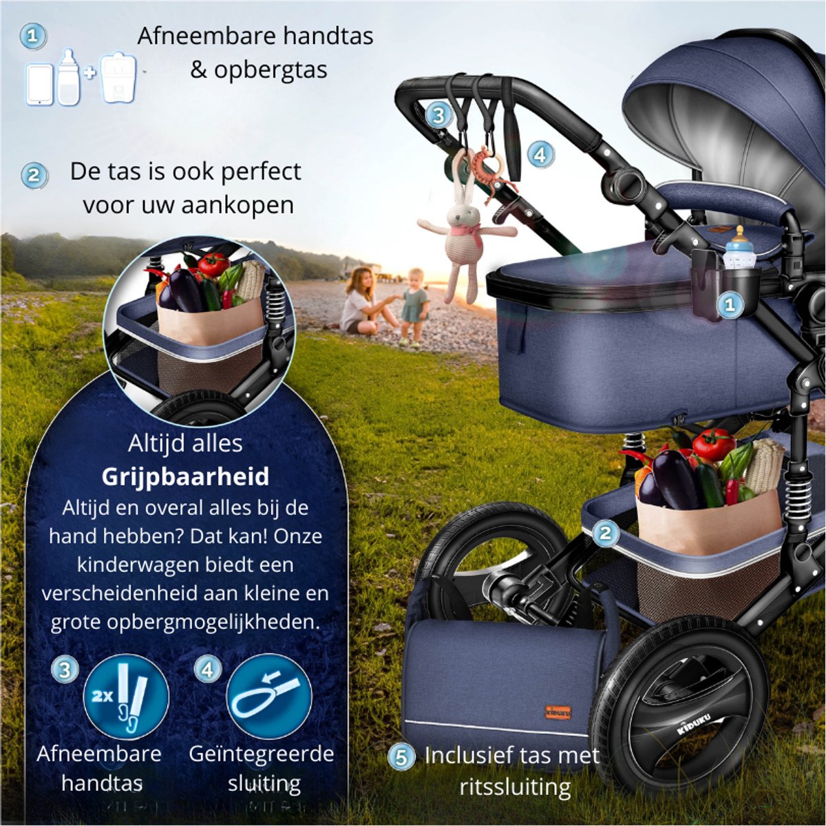 Buggy-Kinderwagen 3 in 1-kinderwagens Complete Set- One -Click Opvouwbare Kinderwagen-Kinderwagen Set voor Baby's Pasgeborenen XXL Set-(Beige / Goud). – foto 5