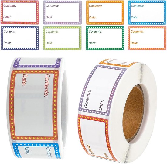 Diverses étiquettes colorées avec le texte 'Contents:' et 'Date:' en grille et sur rouleaux.