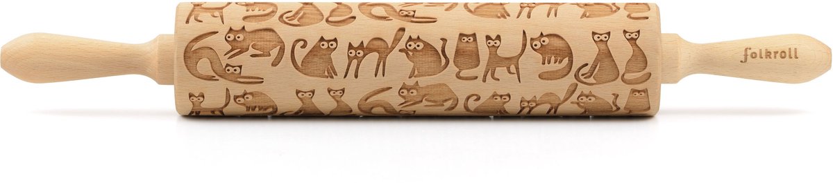 Folkroll deegroller, katten, groot, 43 cm, deegroller, embossingroller, patroon, motief, rol, beukenhout, 330319