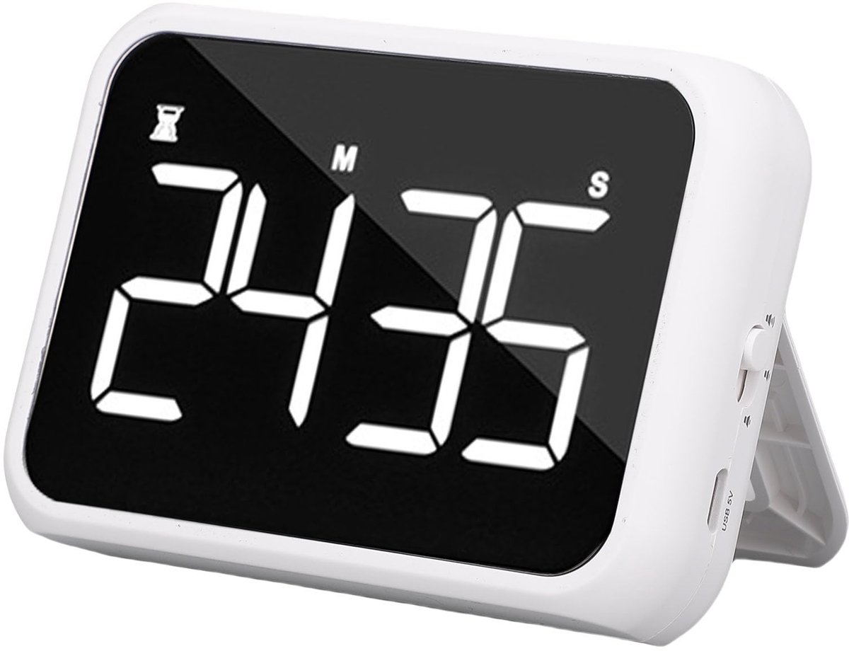 Ynkkvre - Digitale Kookwekker - Magnetische Keukentimer - Elektronische Ovenklok - USB-Oplaadbare Digitale Kookwekker - 4-inch Groot LED Scherm - Aftellen & Optellen - 3 Helderheids-/Volumeniveaus - Spiegel Design - Wit